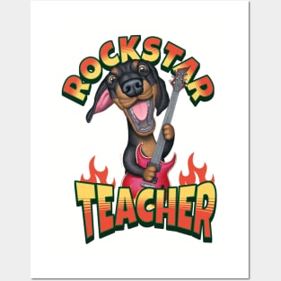 Cute Doxie Dog on a Rockstar Teacher Dachshund tee Posters and Art